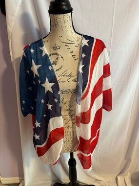 American Flag Open Front Kimono Cardigan - Red, White & Blue